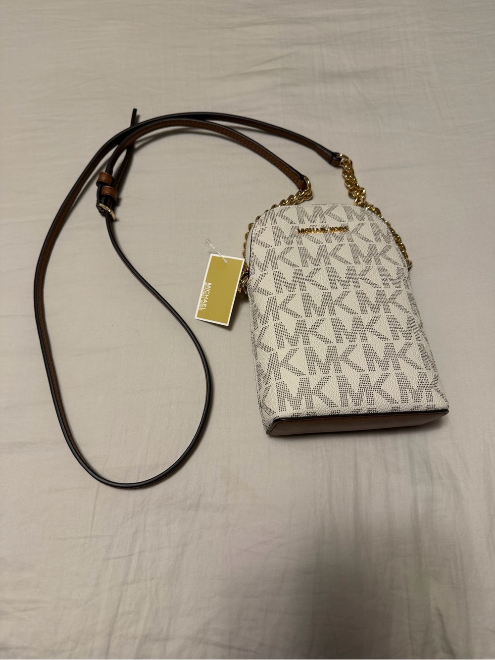 Michael Kors White Logo Crossbody Phone Bag with Brown Strap